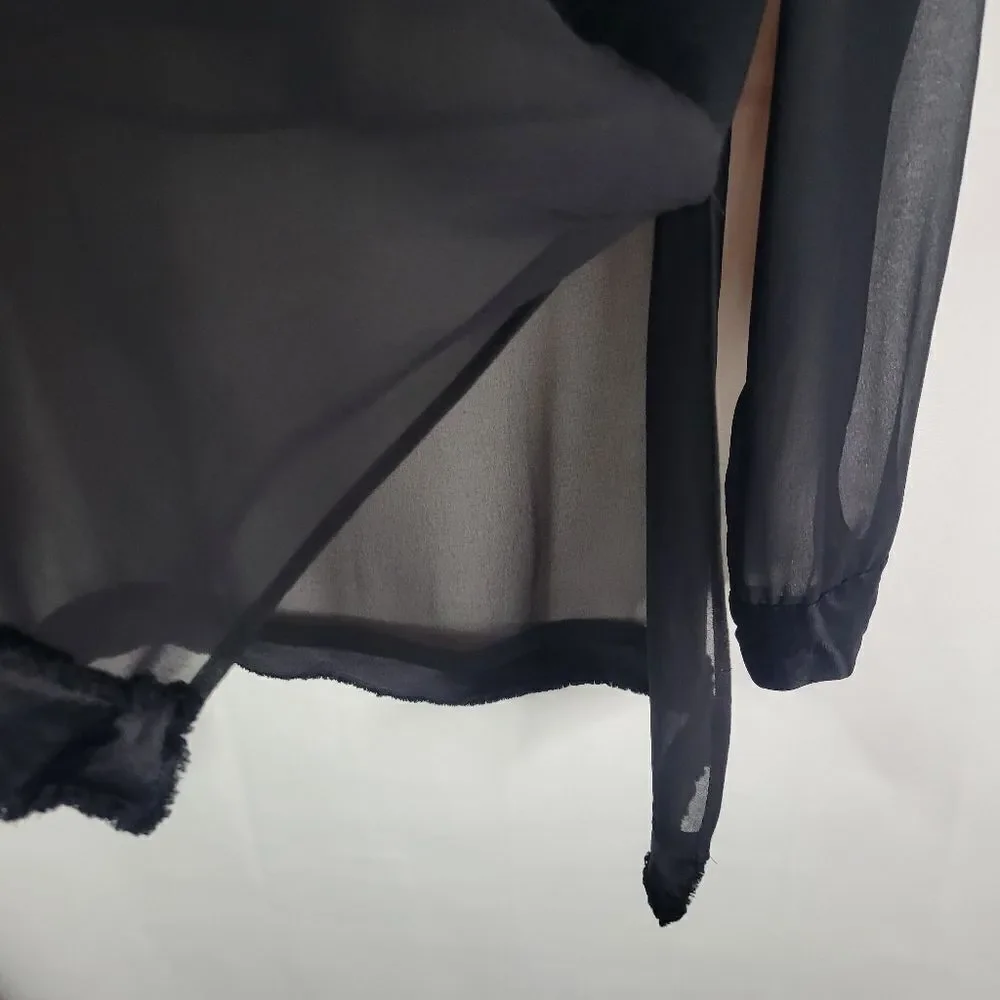 Zara Satin Bust Panel And Trim Sheer Black Chiffon Long Sleeve Blouse - Picture 7 of 12